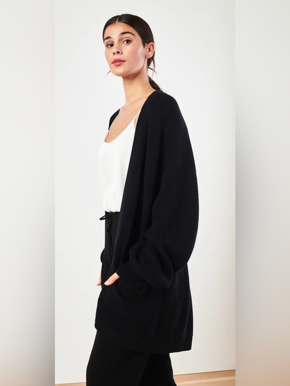 Quince 100% Organic Cotton Oversized Cardigan Black XL Open Front Pockets Cozy